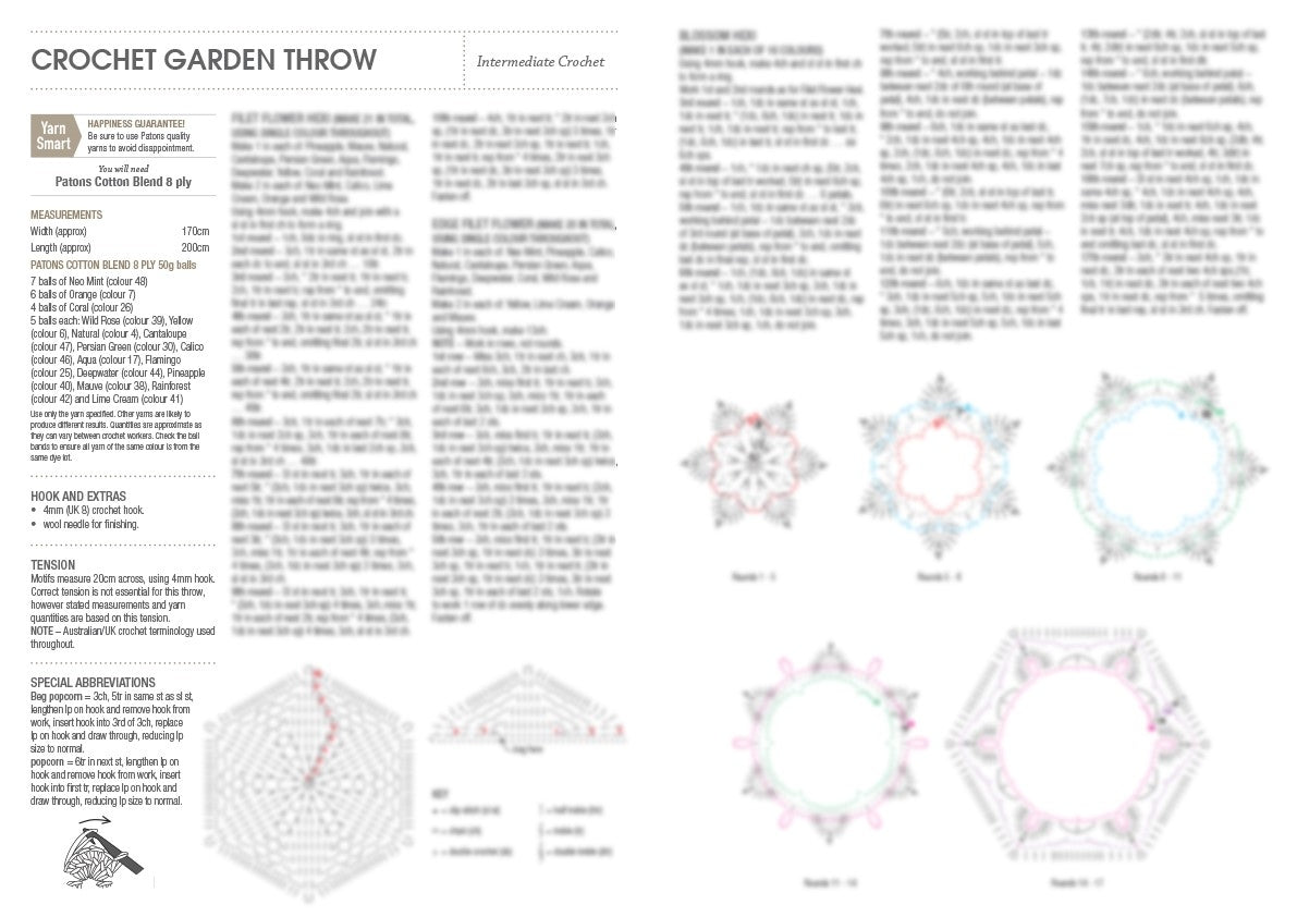 A crochet pattern for a garden throw titled 'Intermediate Crochet'. The page includes detailed text instructions, measurements, required materials, and special abbreviations. On the right, there are colorful diagrams of crochet patterns, illustrating steps and patterns in various colors. The design features intricate, floral-like shapes.