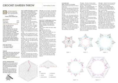 A crochet pattern for a garden throw titled 'Intermediate Crochet'. The page includes detailed text instructions, measurements, required materials, and special abbreviations. On the right, there are colorful diagrams of crochet patterns, illustrating steps and patterns in various colors. The design features intricate, floral-like shapes.