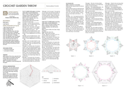 A crochet pattern for a garden throw titled 'Intermediate Crochet'. The page includes detailed text instructions, measurements, required materials, and special abbreviations. On the right, there are colorful diagrams of crochet patterns, illustrating steps and patterns in various colors. The design features intricate, floral-like shapes.