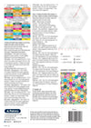 Blurry instructional page with colorful yarn patterns and a detailed assembly diagram featuring hexagonal shapes. Includes text and charts.