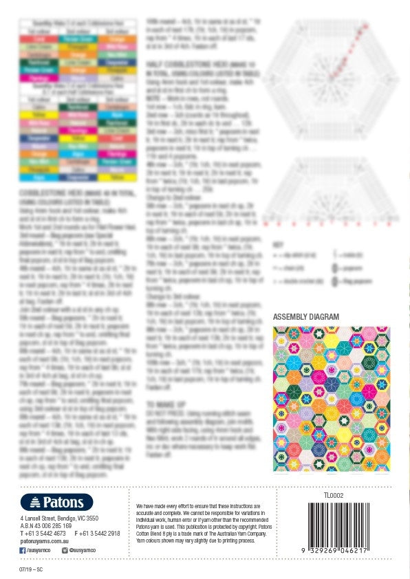Blurry instructional page with colorful yarn patterns and a detailed assembly diagram featuring hexagonal shapes. Includes text and charts.