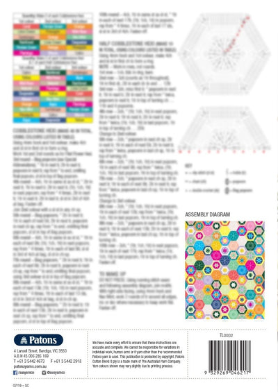 Blurry instructional page with colorful yarn patterns and a detailed assembly diagram featuring hexagonal shapes. Includes text and charts.