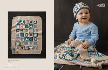 A baby in a blue outfit smiles while sitting on a black background, wearing a crochet hat and blanket in pastel colors. Beside is a matching crochet square.