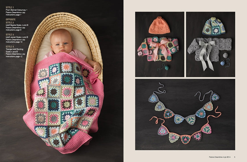 A baby lies in a wicker basket, wrapped in a colorful, crochet blanket. Next to the baby, there are three images showing crochet baby clothes and decorative bunting. The mood is cozy and cheerful.