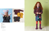 A child in a red cardigan, denim dress, and rain boots, smiling while holding colorful geometric shapes. Three knit cardigans are displayed beside her.