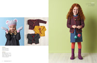 A child in a red cardigan, denim dress, and rain boots, smiling while holding colorful geometric shapes. Three knit cardigans are displayed beside her.