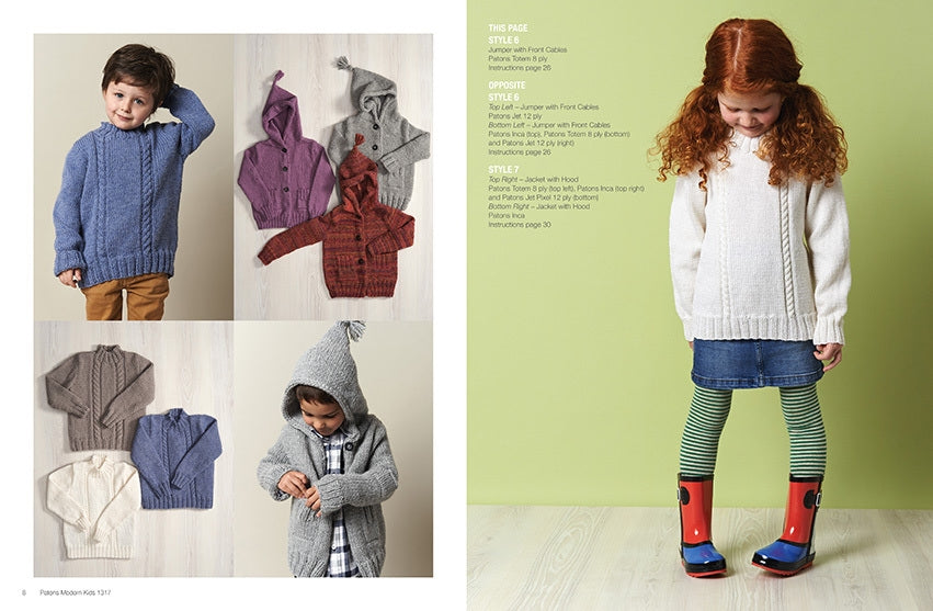 A child in a blue sweater smiles confidently on the left, alongside colorful knitted jackets. On the right, a girl in a white sweater and colorful rain boots looks down thoughtfully against a light green background.