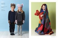Two images of children. Left: A boy and girl in knit hats and mittens; the boy wears a bear hat and the girl a pink hat. Right: A child smiles, wrapped in a colorful patchwork blanket, holding a red toy bear against a green background.