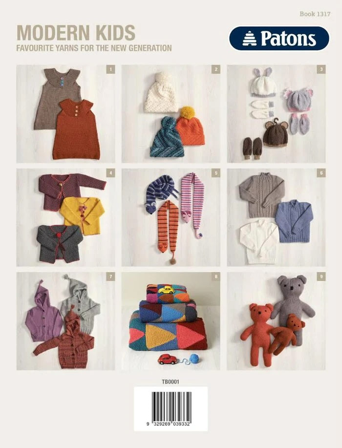 A catalog cover features knit clothing and toys for children. Items include hats, sweaters, scarves, toy blocks, and bears in colorful, soft yarns. Tone is cozy and playful.