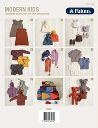 A catalog cover features knit clothing and toys for children. Items include hats, sweaters, scarves, toy blocks, and bears in colorful, soft yarns. Tone is cozy and playful.