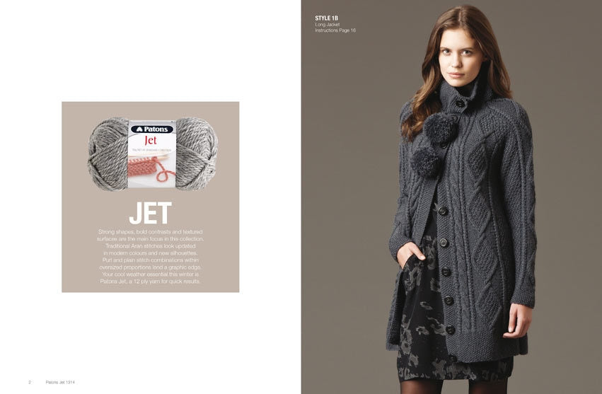 A woman models a long, textured gray knit coat with large buttons and pom-pom details. Beside her, yarn details and the word "JET" are displayed.