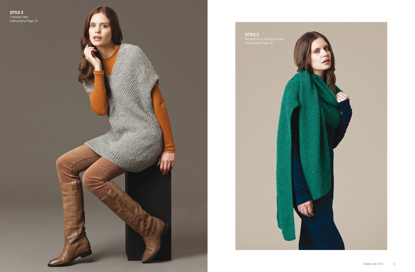Two images of a woman in different outfits. Left: gray knit tunic, brown pants, knee-high boots. Right: green scarf, blue dress, neutral pose. Elegant, cozy vibe.