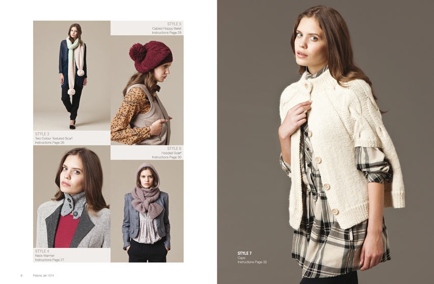 Fashion spread featuring five models showcasing winter styles. Includes scarves, a knitted hat, and a cream cardigan. Emphasis on cozy textures.
