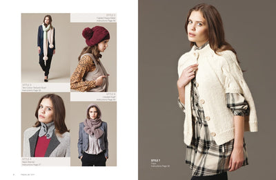 Fashion spread featuring five models showcasing winter styles. Includes scarves, a knitted hat, and a cream cardigan. Emphasis on cozy textures.