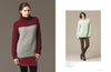 Two models showcasing knit sweaters. The left model wears a red and gray turtleneck with a red skirt, while the right wears a mint sweater and brown pants. Both appear in catalog-style images.