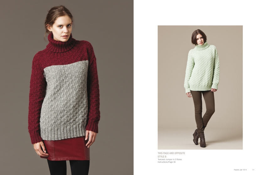 Two models showcasing knit sweaters. The left model wears a red and gray turtleneck with a red skirt, while the right wears a mint sweater and brown pants. Both appear in catalog-style images.