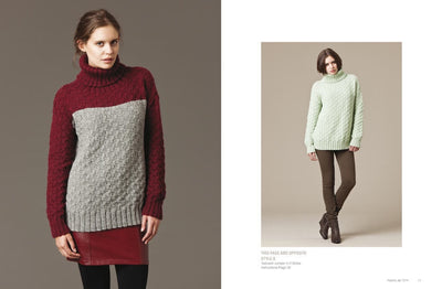 Two models showcasing knit sweaters. The left model wears a red and gray turtleneck with a red skirt, while the right wears a mint sweater and brown pants. Both appear in catalog-style images.