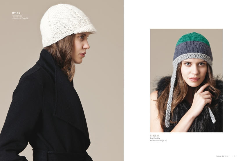 Two models showcase knitted hats. Left: A woman in a white knit cap, wearing a black coat. Right: A woman in a green and gray ear flap hat, smiling slightly, in a fur vest. Neutral background.