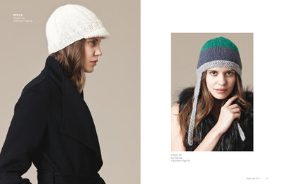Two models showcase knitted hats. Left: A woman in a white knit cap, wearing a black coat. Right: A woman in a green and gray ear flap hat, smiling slightly, in a fur vest. Neutral background.