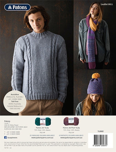 Male model in a gray cable-knit sweater smiles confidently, while a female model, also smiling, wears an oversized scarf and knit hat, conveying a cozy, warm vibe.