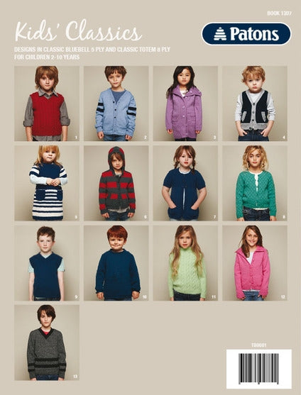 Children modeling a variety of colorful knitted sweaters, cardigans, and vests from the Patons Kids’ Classics collection, ages 2-10.