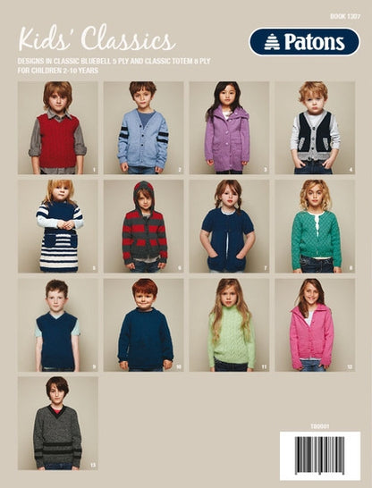 Children modeling a variety of colorful knitted sweaters, cardigans, and vests from the Patons Kids’ Classics collection, ages 2-10.