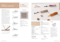 A crochet tutorial page shows instructions for a double crochet stitch with images. It includes details for making key tag projects with yarn and hooks.