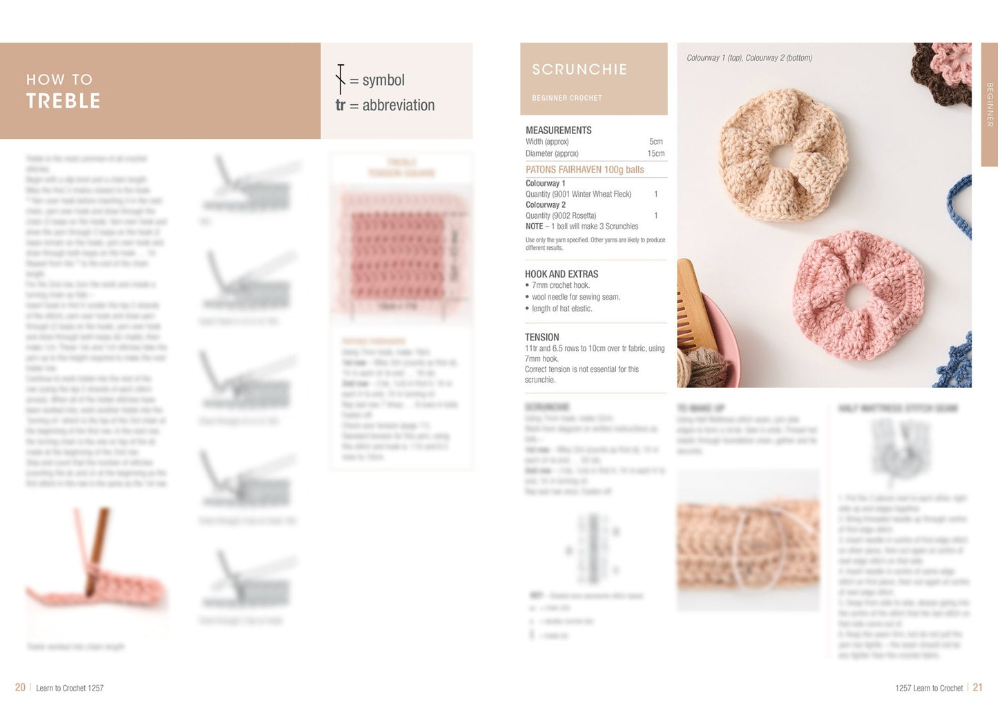 Crochet tutorial page for making a scrunchie. Left side explains treble stitch with diagrams. Right side features photos of beige and pink crocheted scrunchies, alongside instructions and required materials. Tone is instructional and inviting.