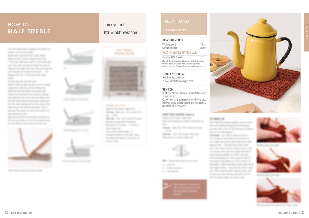 Instructions for making a half treble crochet stitch on the left, and a guide to creating a heat pad, featuring a yellow teapot on a crocheted mat, on the right.