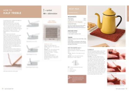Instructions for making a half treble crochet stitch on the left, and a guide to creating a heat pad, featuring a yellow teapot on a crocheted mat, on the right.