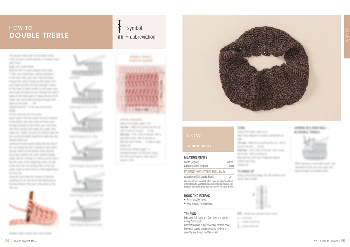 A crochet instruction page featuring a guide on double treble stitches and a cowl pattern. Left side shows step-by-step visuals for double treble stitches. Right side displays a finished brown cowl with measurements and materials needed. Neutral background, instructional tone.