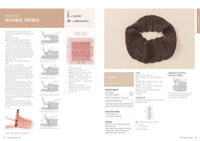 A crochet instruction page featuring a guide on double treble stitches and a cowl pattern. Left side shows step-by-step visuals for double treble stitches. Right side displays a finished brown cowl with measurements and materials needed. Neutral background, instructional tone.