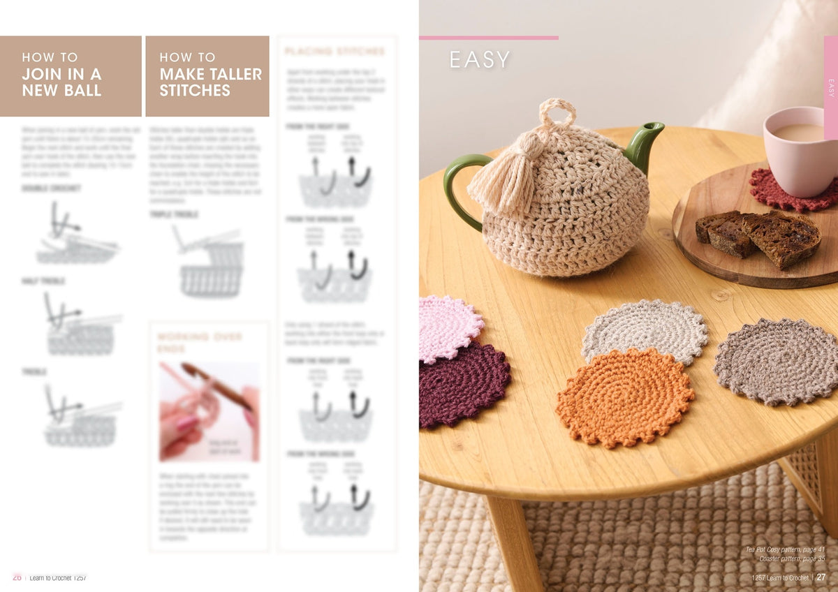 Left side features crochet instructions with illustrations; right side shows a cozy table setting with a teapot, cup, sliced bread, and colorful crochet coasters, conveying warmth and creativity.