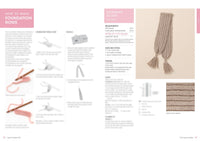 Crochet guide with instructions on foundation rows and scarf making. Contains step-by-step illustrations, yarn details, and a scarf image with tassels.