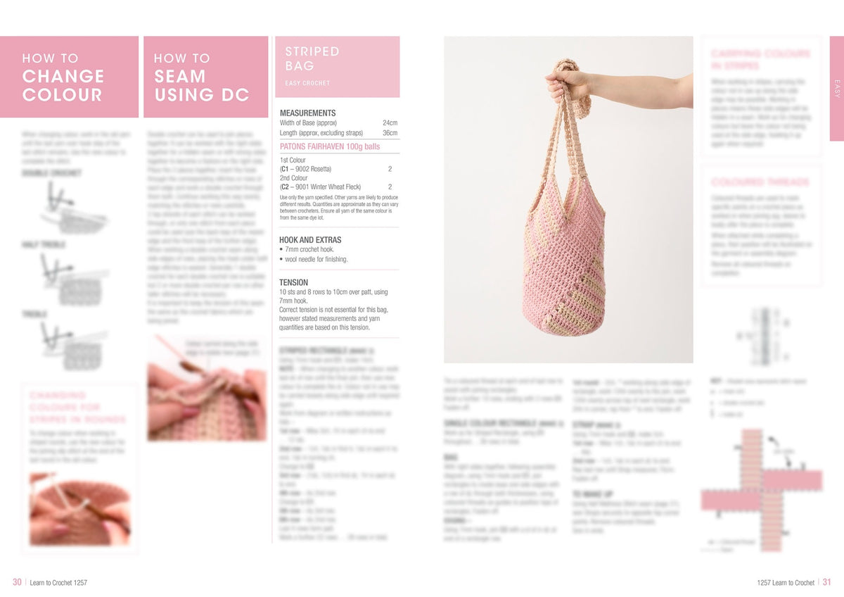 Magazine spread features crochet tutorials. Left page shows diagrams and instructions on changing yarn color and seaming. Right page displays a hand holding a pink and beige striped crocheted bag against a plain background.