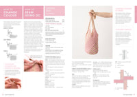 Magazine spread features crochet tutorials. Left page shows diagrams and instructions on changing yarn color and seaming. Right page displays a hand holding a pink and beige striped crocheted bag against a plain background.