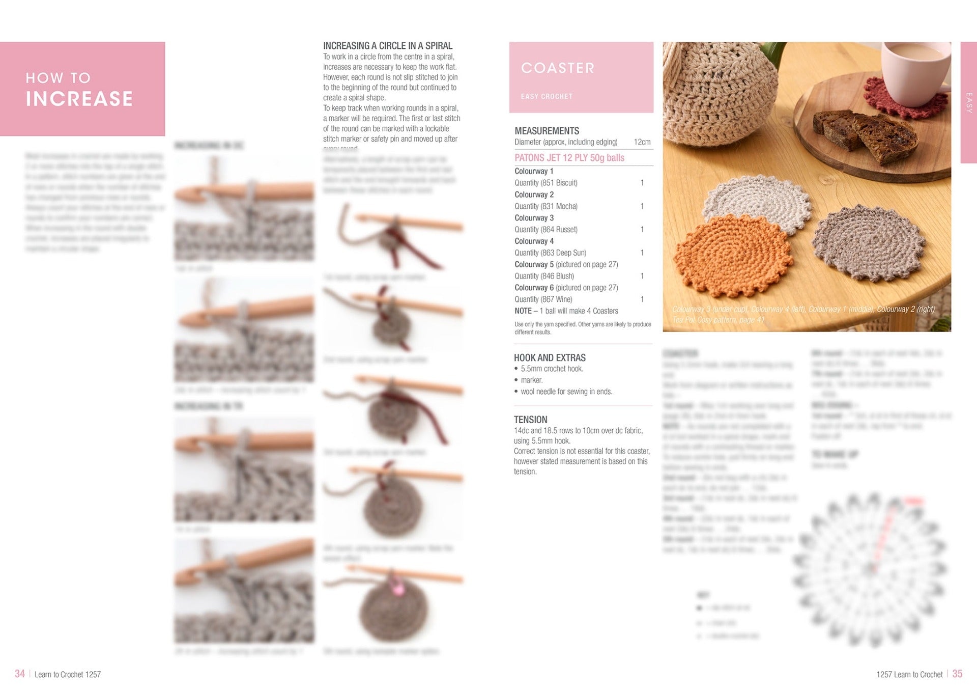 Crochet tutorial page featuring "How to Increase" steps with images of a crochet hook and yarn. Right side shows crocheted coasters and pattern details.