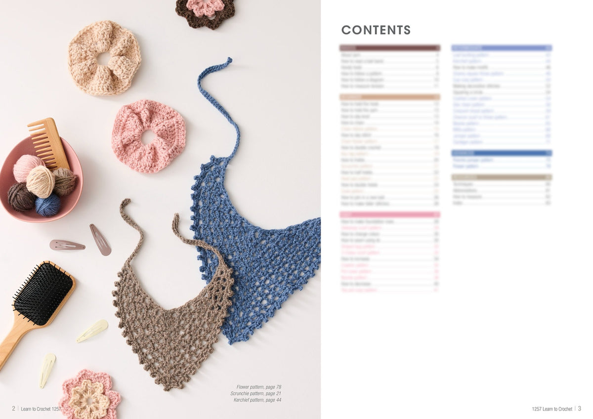 A crochet-themed layout features pastel yarn balls, hair scrunchies, crochet bibs, and hair accessories alongside a blurred contents page. The mood is cozy and creative.