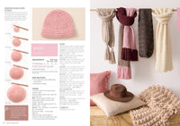 A crochet tutorial spread with a pink beanie pattern on the left and four knitted scarves hanging on the right, in beige, maroon, pink, and cream. Cozy pillows and a hat lie beneath on a wooden surface, creating a warm, crafting atmosphere.