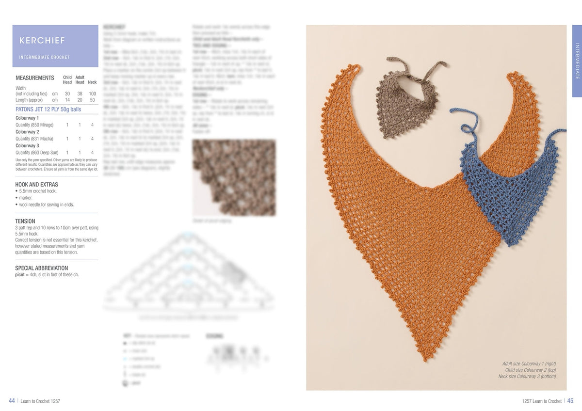 Crochet pattern instructions for kerchiefs on left, with an image of three crocheted kerchiefs on the right. The large kerchief is orange, the medium one is blue, and the small one is gray. The scene conveys a sense of warmth and crafting skill.