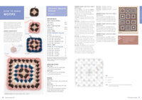Crochet guide with instructions titled "How to Make Motifs" and "Granny Square Throw." Images show various granny square patterns in different color schemes. Text includes yarn measurements and hook sizes. The page has a calm, instructional tone.