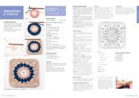 Crochet tutorial page titled "Squaring a Circle" features step-by-step images and instructions for a cushion cover motif. Includes materials, measurements, and a crochet pattern.