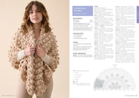 A woman wearing a textured, beige crochet shawl poses against a plain background. She looks confident and serene. To her right, blurred text provides crochet instructions. The tone is warm and cozy.