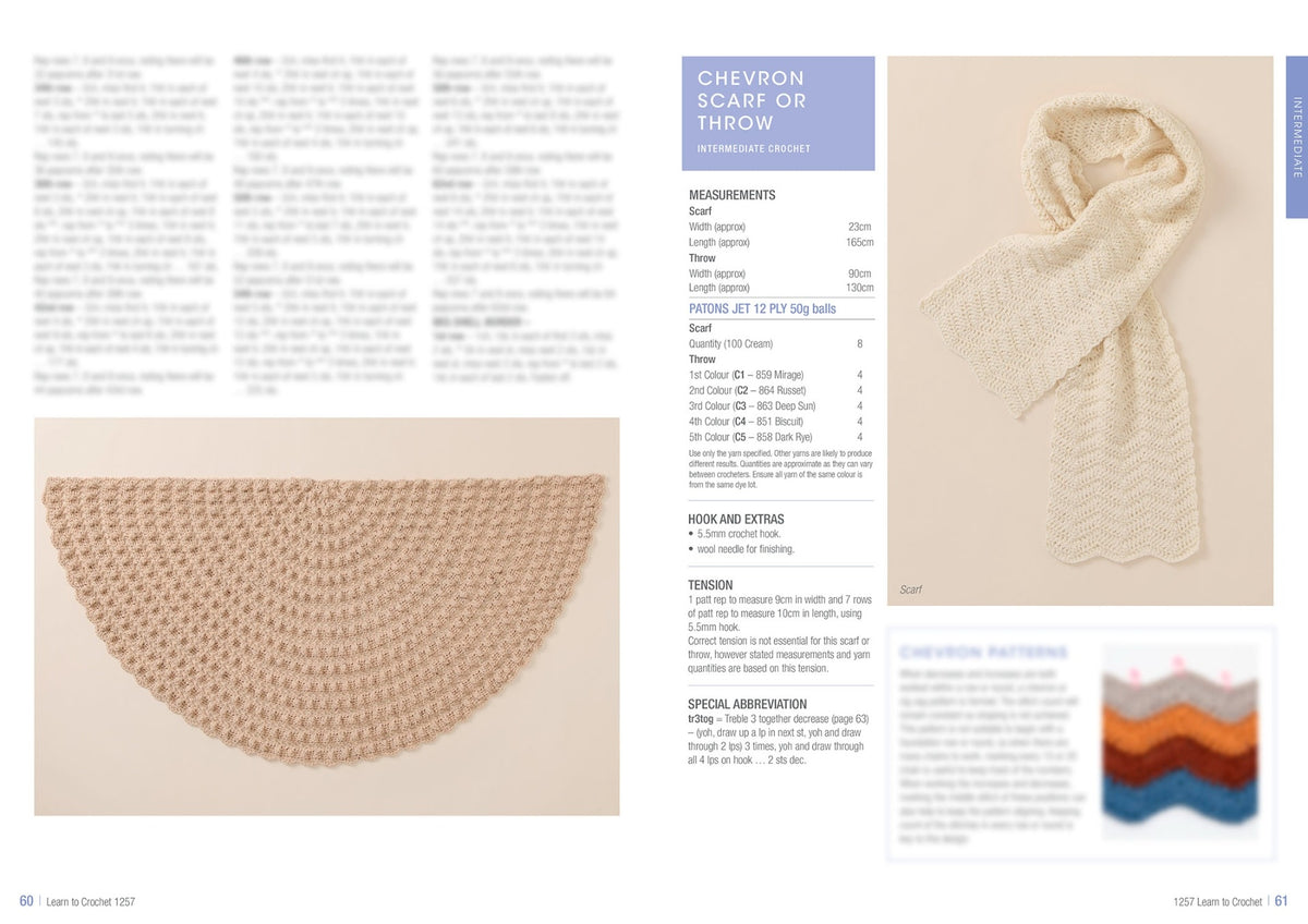 A crochet pattern guide features a beige chevron scarf and a half-circle throw. Instructions on measurements, materials, and techniques are provided. The overall tone is instructional and creative.