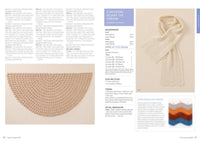 A crochet pattern guide features a beige chevron scarf and a half-circle throw. Instructions on measurements, materials, and techniques are provided. The overall tone is instructional and creative.