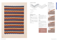 Crochet pattern page features a colorful zigzag blanket in blue, orange, and brown stripes on the left. Instructions and diagrams are blurred on the right.