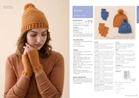 Woman in a rust-colored crochet beanie and fingerless gloves looks down thoughtfully. Beside her, a crochet pattern for similar items is shown.
