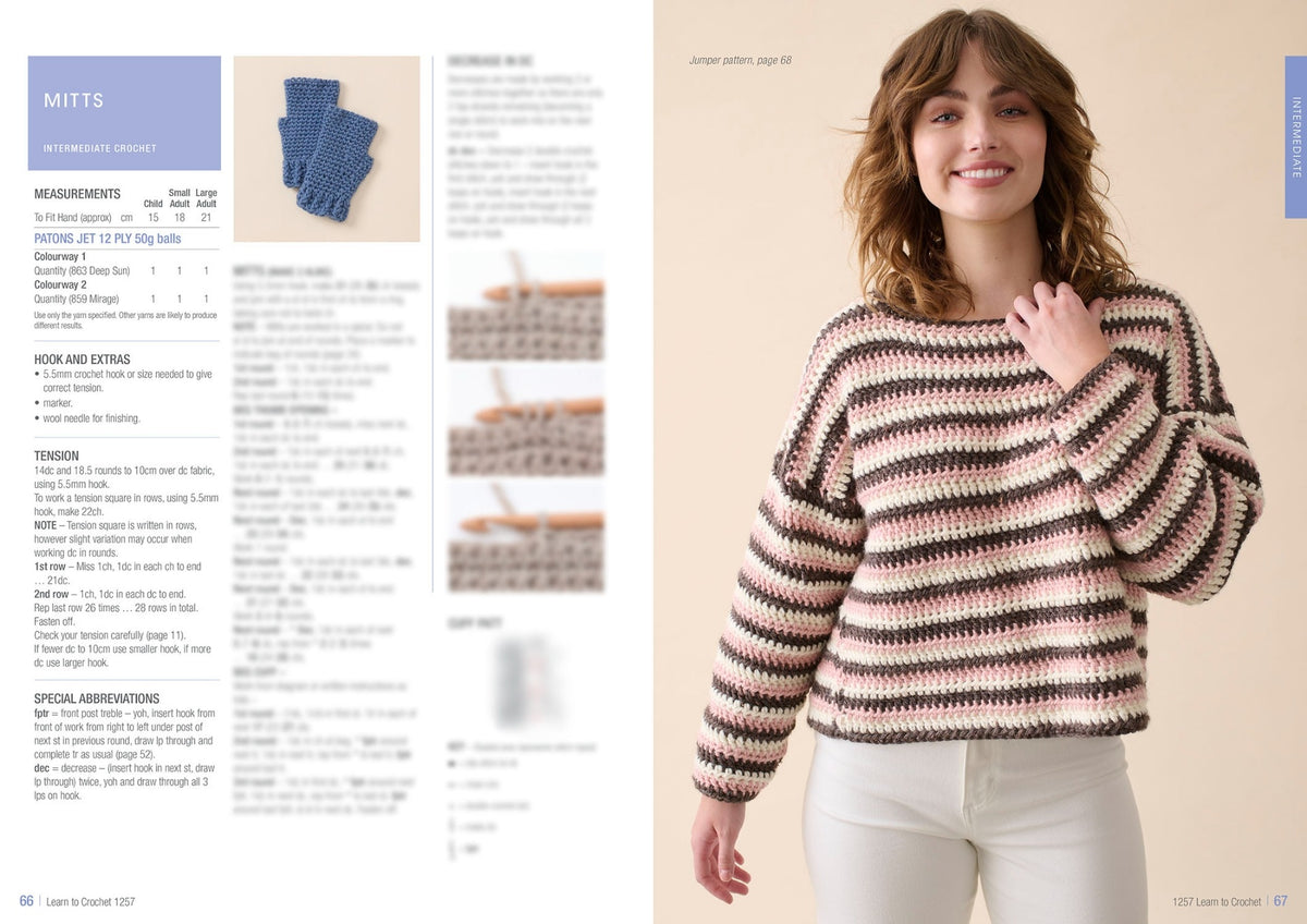 A woman smiles, wearing a striped crochet sweater in pink, brown, and cream. To the left, crochet pattern instructions and blue mitts are visible. The tone is warm and inviting.
