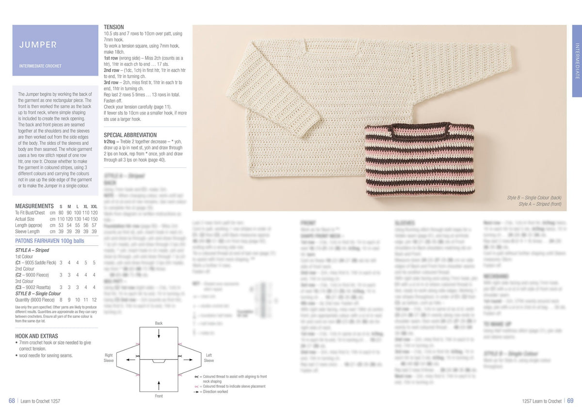 Image from a crochet magazine showing a pattern for an intermediate-level jumper. Left side features instructions and measurements. Right side displays a cream crochet jumper and a folded striped one. Tone is instructional and creative.