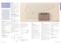 Image from a crochet magazine showing a pattern for an intermediate-level jumper. Left side features instructions and measurements. Right side displays a cream crochet jumper and a folded striped one. Tone is instructional and creative.